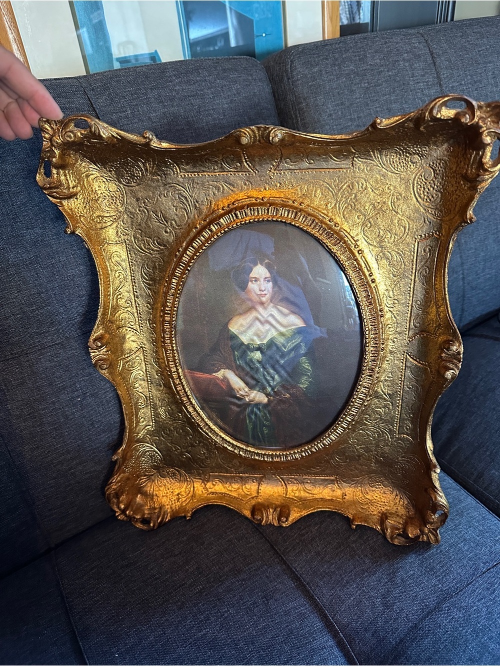 Vintage Mid-Century Hollywood Regency Ornate Faux-Gold Framed Portrait under Con